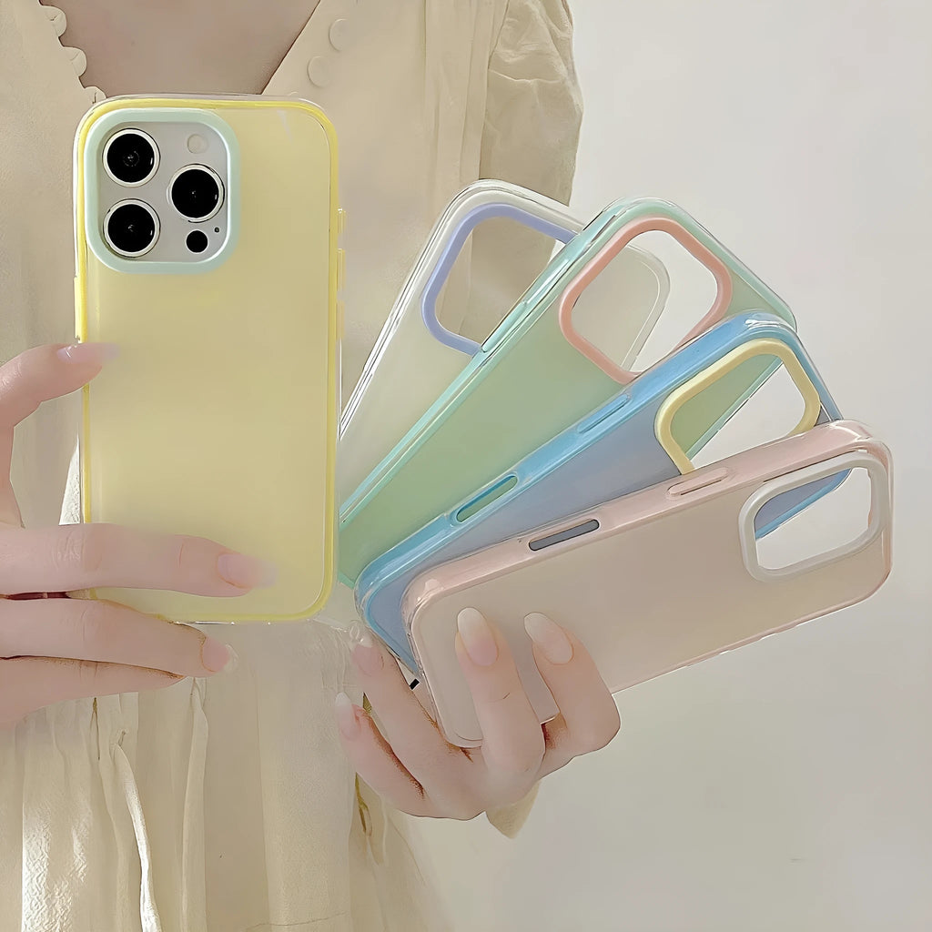 Solid colour transparent TPU jelly phone case for iPhone showing yellow, white, blue, pink, and green options