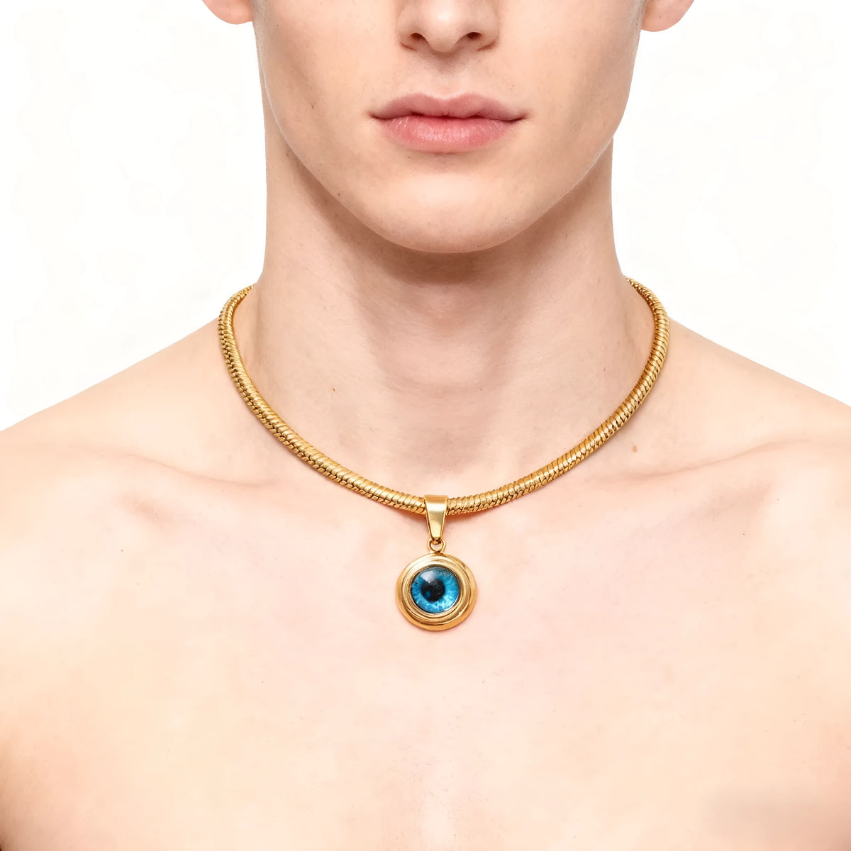 Angel Eyes titanium steel necklace with gold-plated eye pendant on 45.5cm snake bone chain