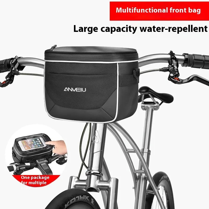 Black 7 inch polyester bicycle bag mounted on folding bike head tube