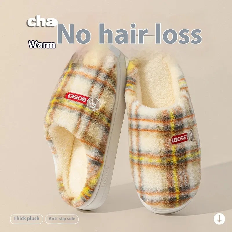 Plaid pattern cotton slippers with a non-slip PVC sole shown in A857 Coffee colour.