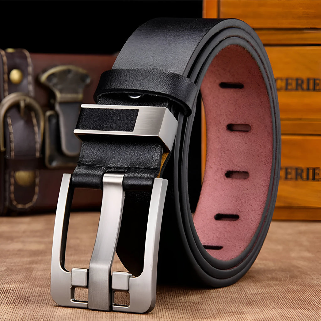 Men's retro belt in genuine cowhide leather with oversized wide alloy needle buckle, colour black