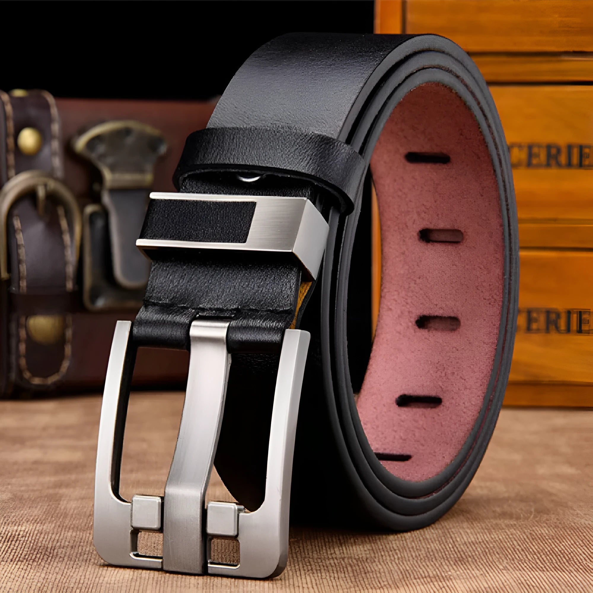 Men's retro belt in genuine cowhide leather with oversized wide alloy needle buckle, colour black