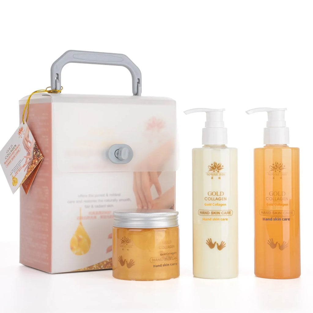 Gold Collagen Hand Care Set with six items including cleansing gel, scrub gel, massage cream, hand mask, hand cream and rose essential oil.