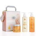 Gold Collagen Hand Care Set with six items including cleansing gel, scrub gel, massage cream, hand mask, hand cream and rose essential oil.