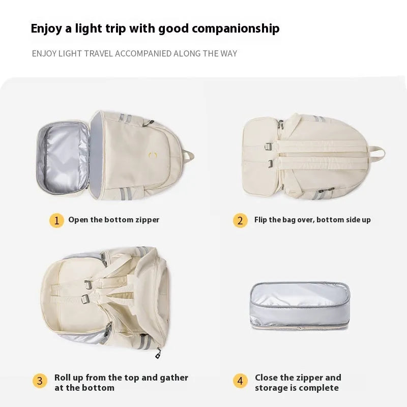 Large travel backpack with dry wet separation compartments and curved shoulder straps in beige colour