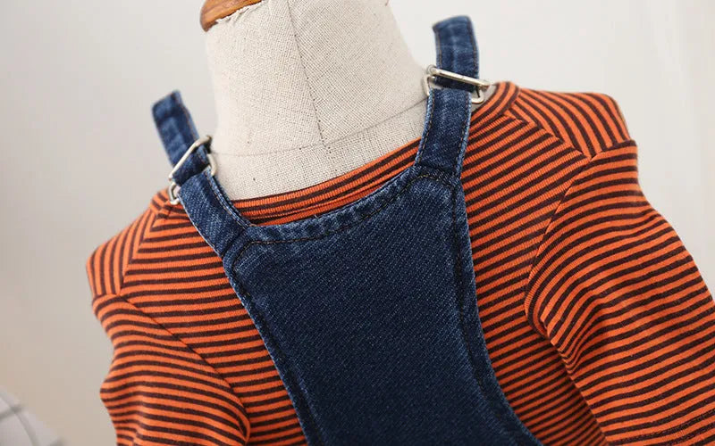 Jeans-style four-legged dog clothes in cotton, dark colour, on a small dog breed like Teddy
