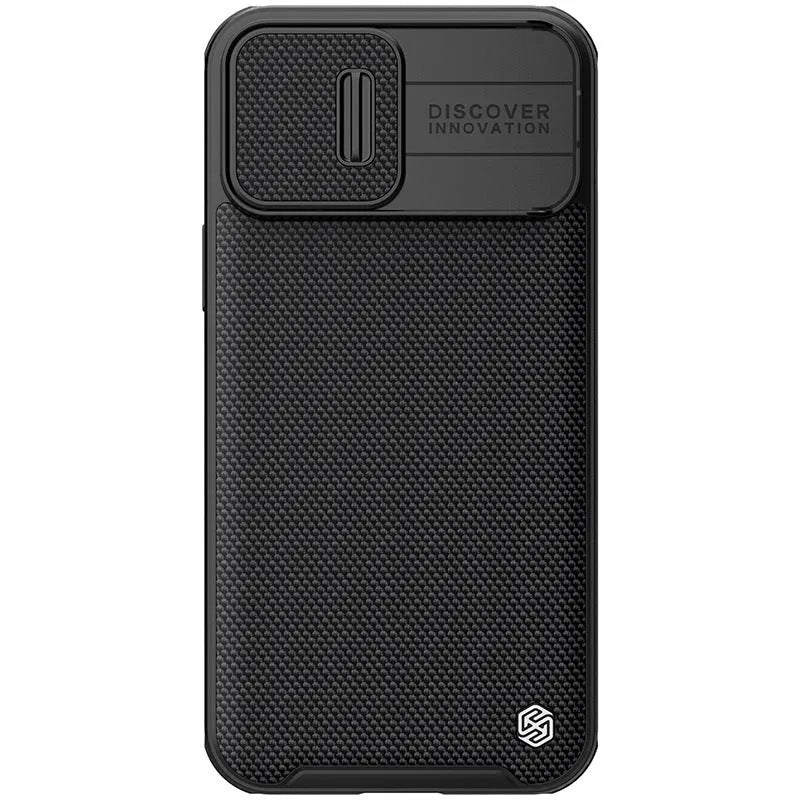 Black textured sliding back cover phone case for Apple iPhone 13 Pro Max.
