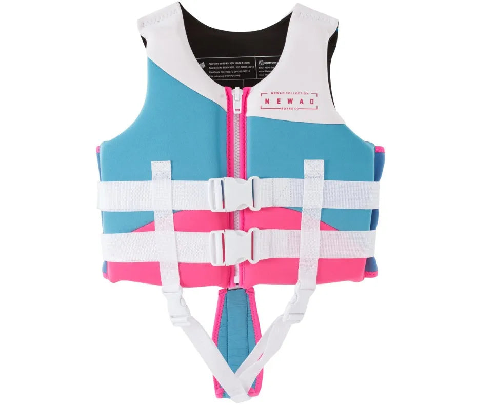 Children's EPE cotton life jacket snorkeling vest with belt, pink blue colour, front view