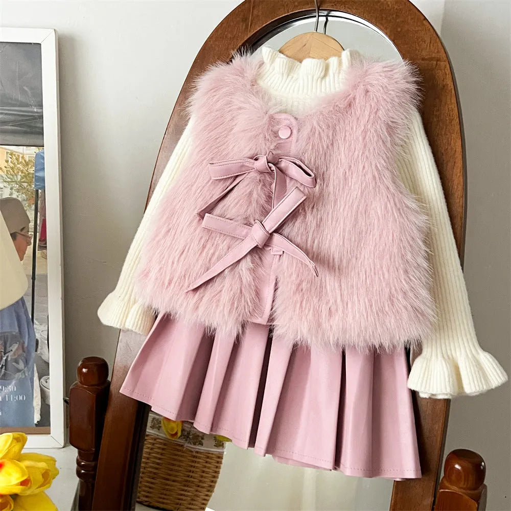 Girls autumn winter fur waistcoat leather skirt suit in solid colour Korean style
