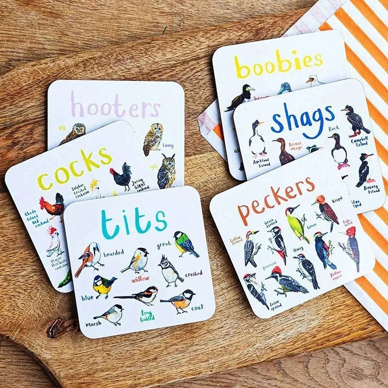 Set of 6 square bird pun coasters with PVC material, each featuring a different bird chart, 10x10x0.35 cm