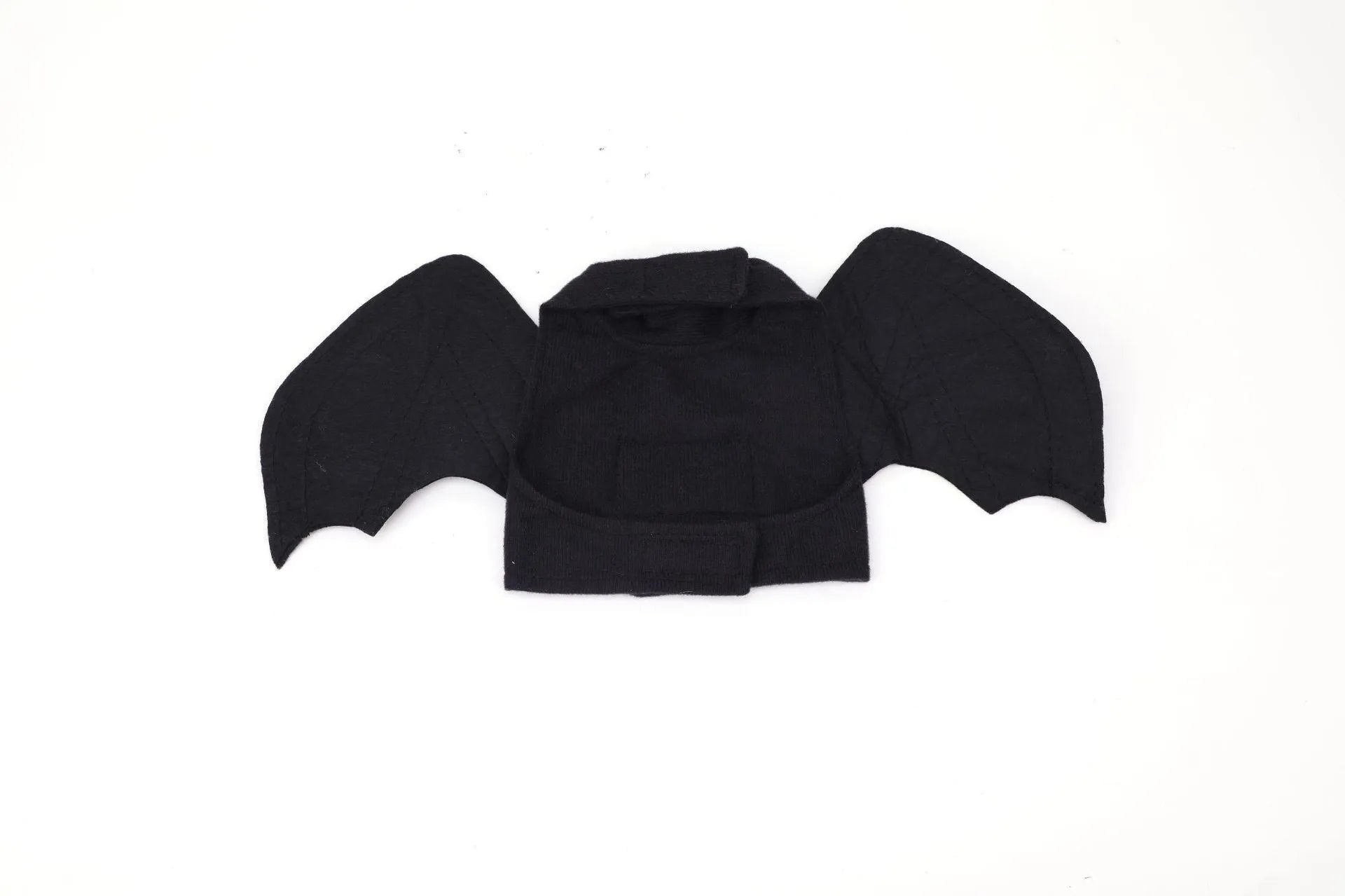 Black polyester bat wings pet costume accessory shown on dog with chest and back attachment