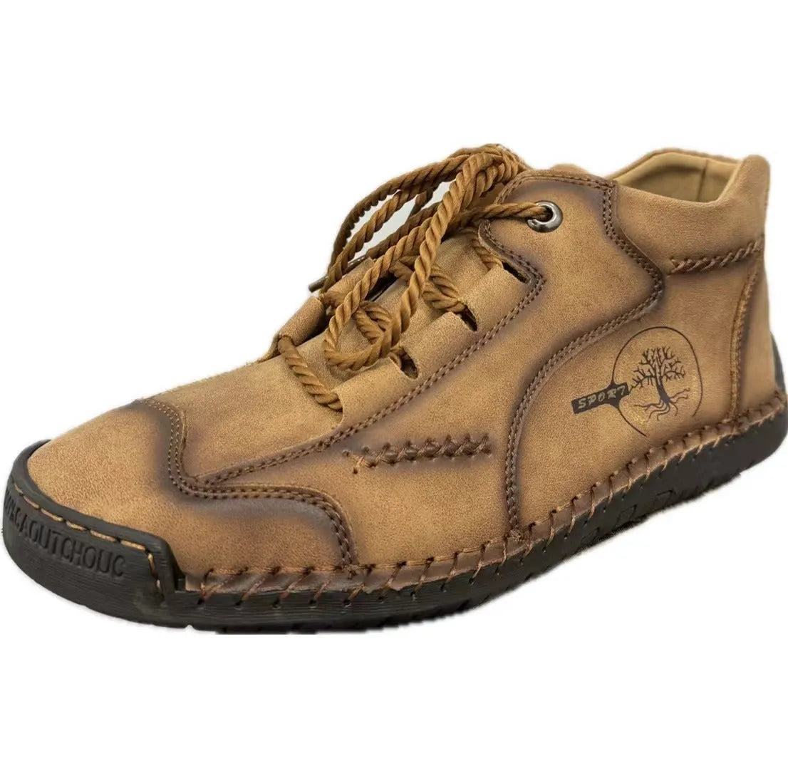 Men's leather high-top boots in army green colour with round toe and front lace-up design