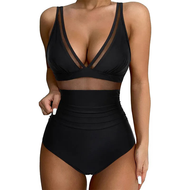 Black mesh halter one-piece swimsuit for women with briefs style and sleeveless design