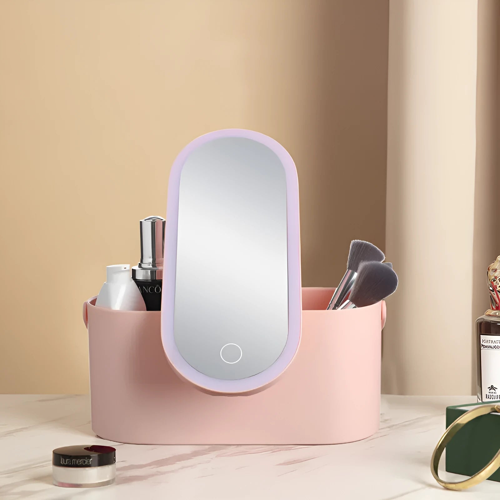 Pink gradient portable LED makeup mirror and organiser storage box with USB charging port.