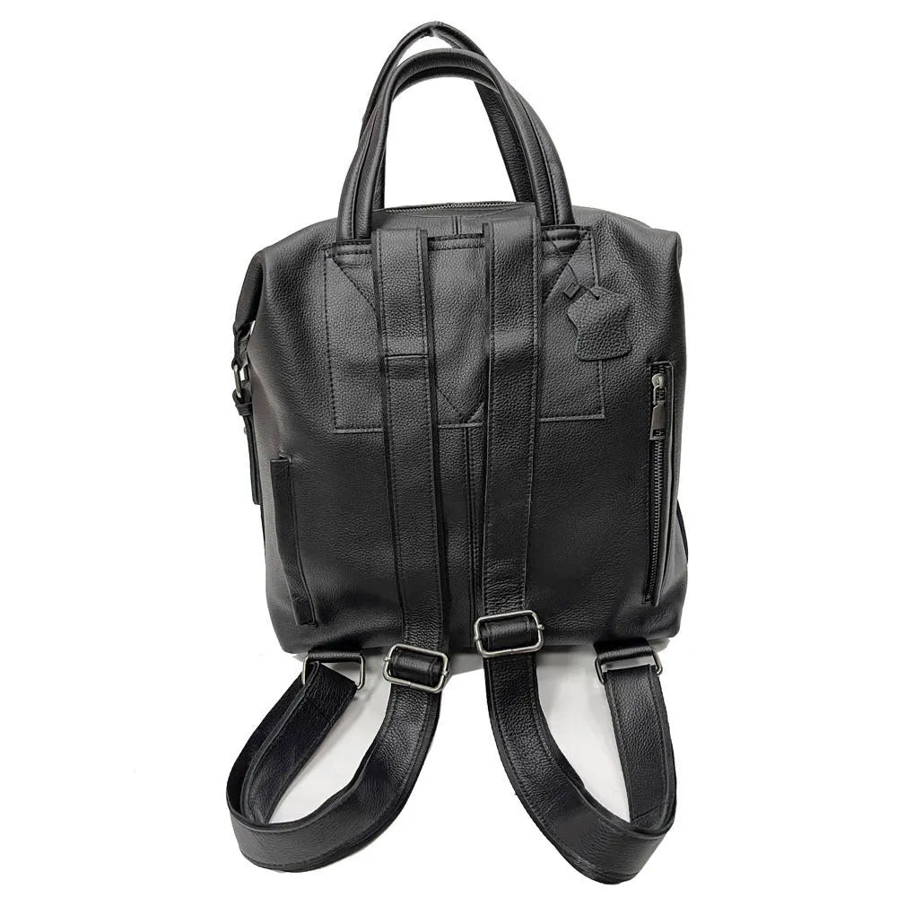 Universal black first layer cowhide leather backpack with polyester lining, stitching details, below 20L capacity