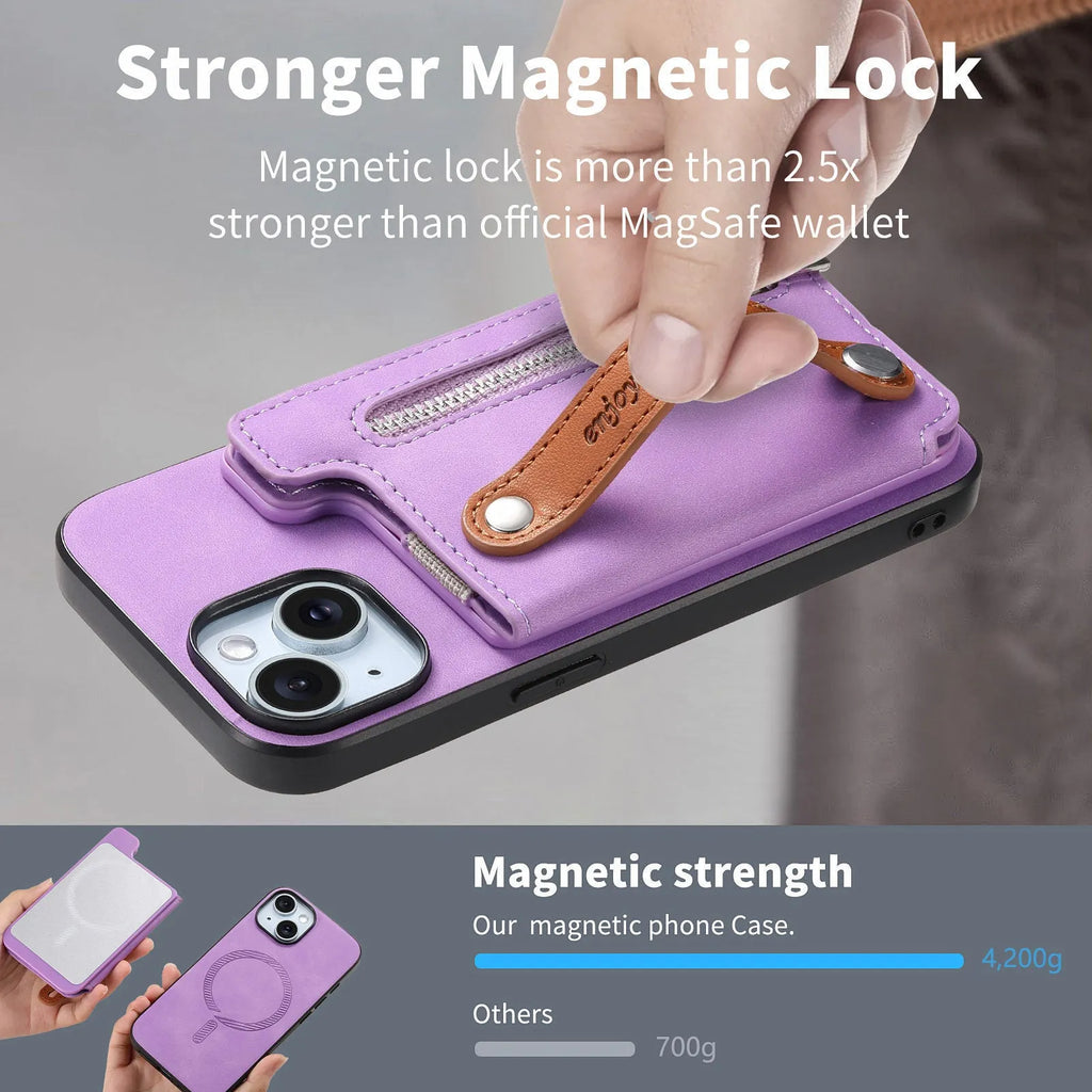 Flip open card holder wallet phone case for Apple iPhone with bracket and magnetic closure in black imitation leather