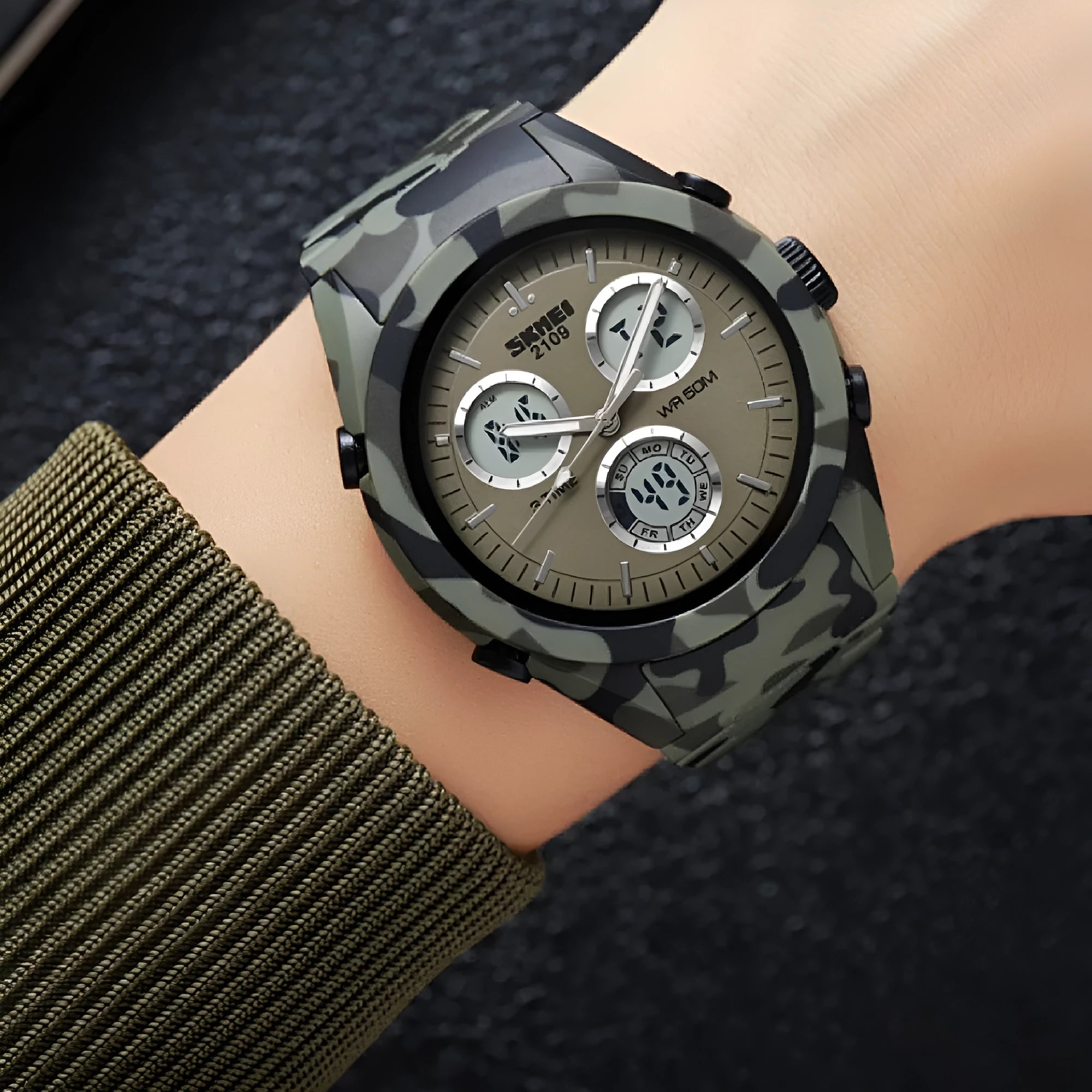 Electronic casual watch with digital display on a camouflage TPU strap, showing time and date.