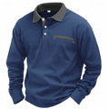 Man wearing a long-sleeved waffle-texture polo shirt in a solid colour with an asymmetric design detail.