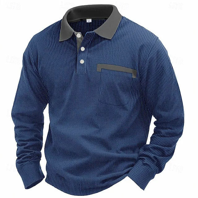Man wearing a long-sleeved waffle-texture polo shirt in a solid colour with an asymmetric design detail.