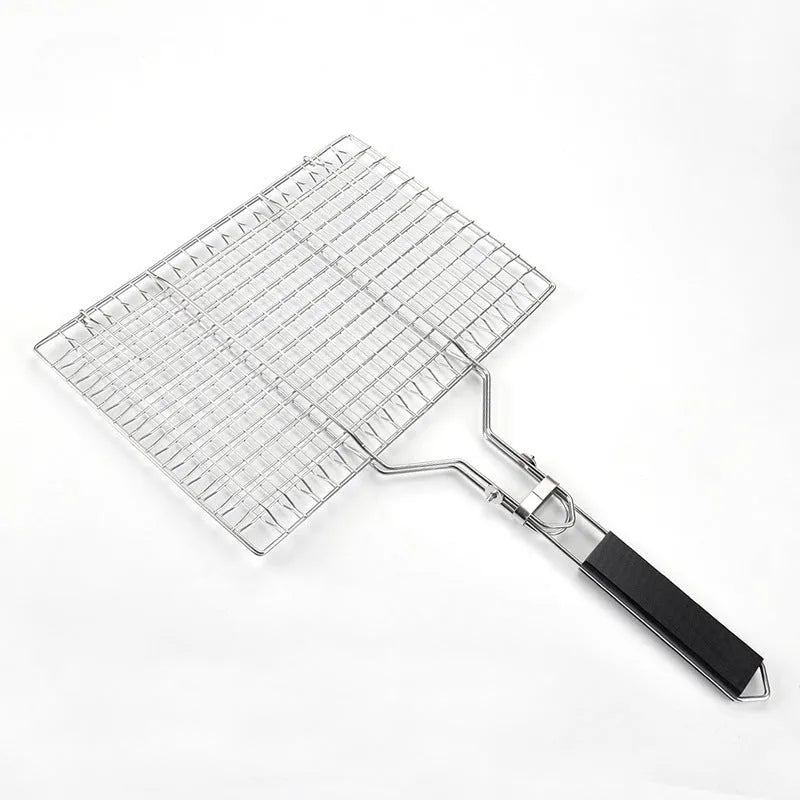 Square stainless steel folding barbecue grill mesh basket with a cleaning brush.