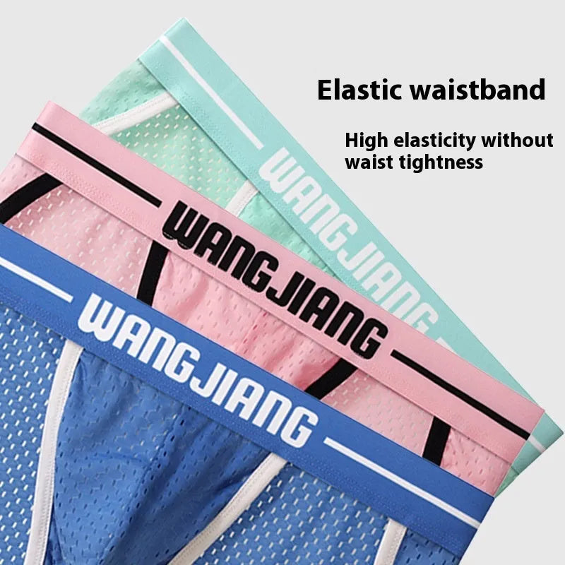 Men's triangle underwear in breathable ice silk mesh fabric, shown in solid colours including black, white, and blue.