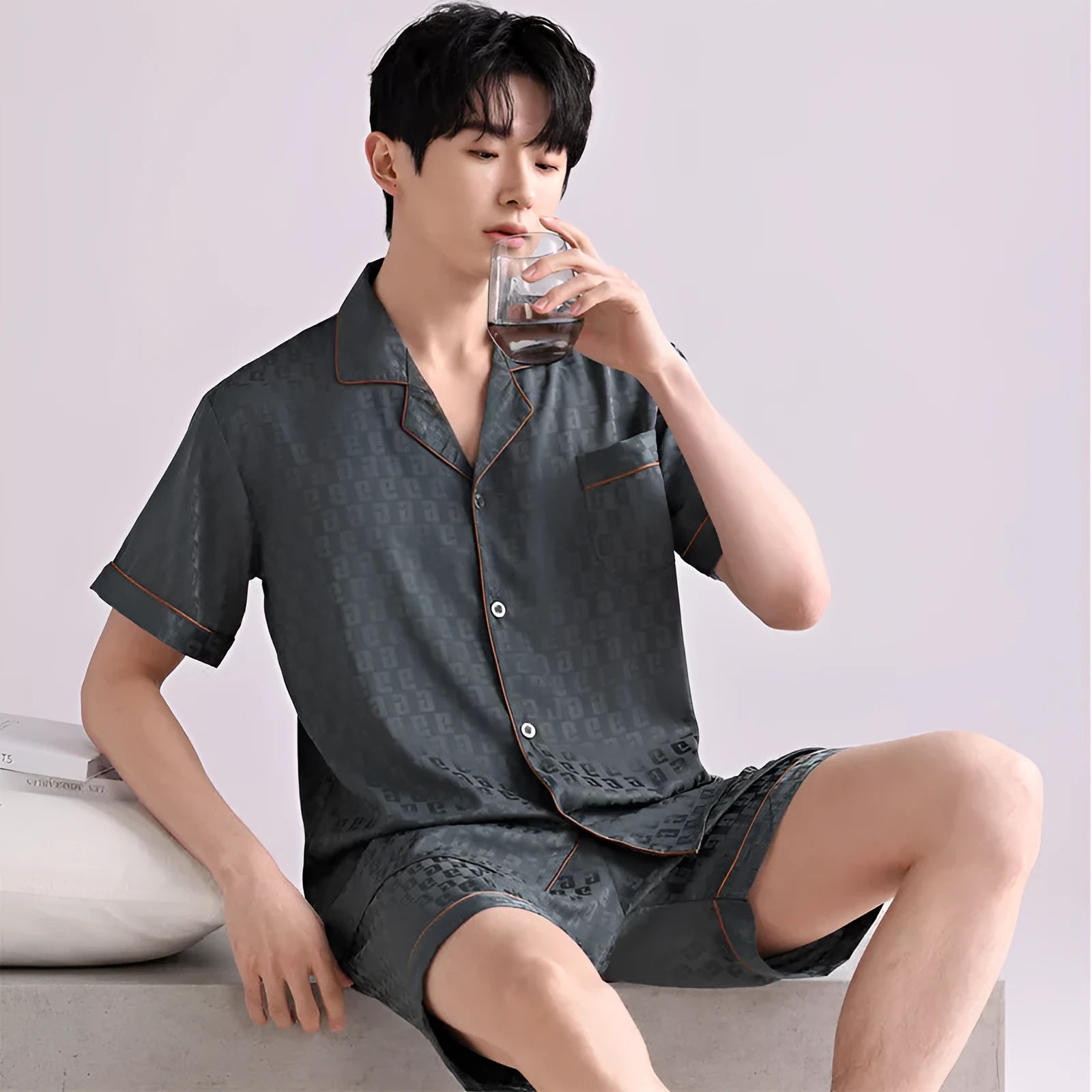 Men's ice silk pajama set with cardigan and shorts in satin jacquard plaid pattern