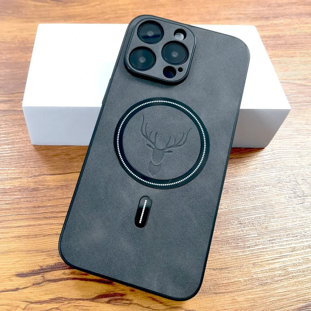 Magnetic sheepskin pattern imitation leather iPhone case in black, shockproof soft shell with anti-fingerprint and heat dissipation functions.