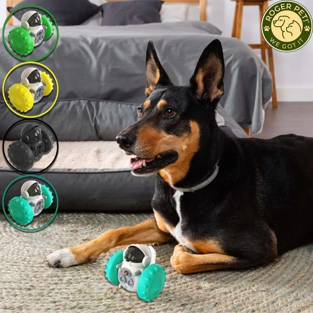 Self-balancing dog treat dispenser puzzle toy with robot design in multiple colours
