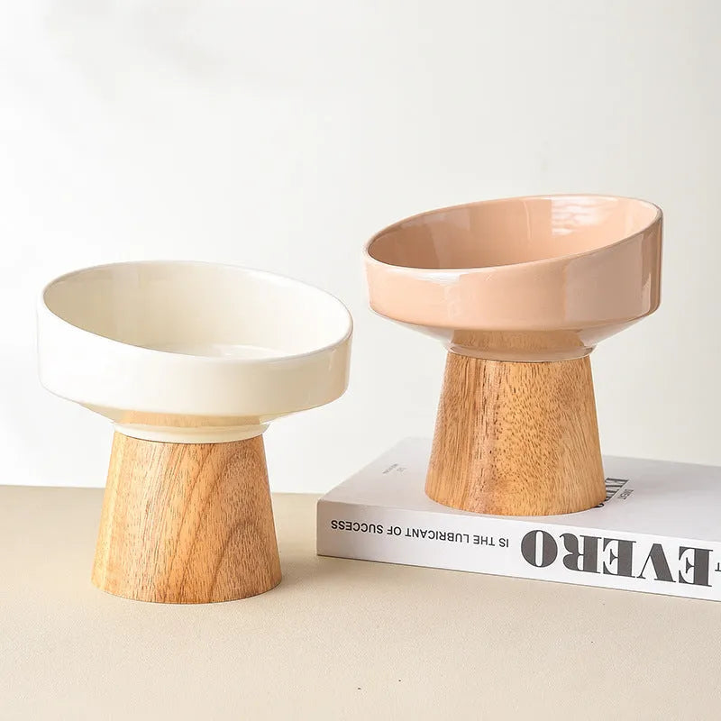 Set of four ceramic pet feeding bowls in beige green khaki and yellow colours for cats and small dogs