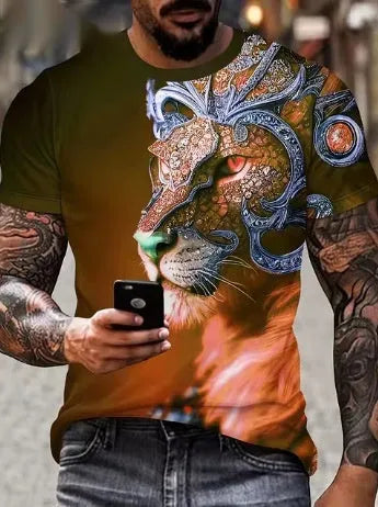 Men's black t-shirt featuring a fierce lion face with raised 3D graphic print.