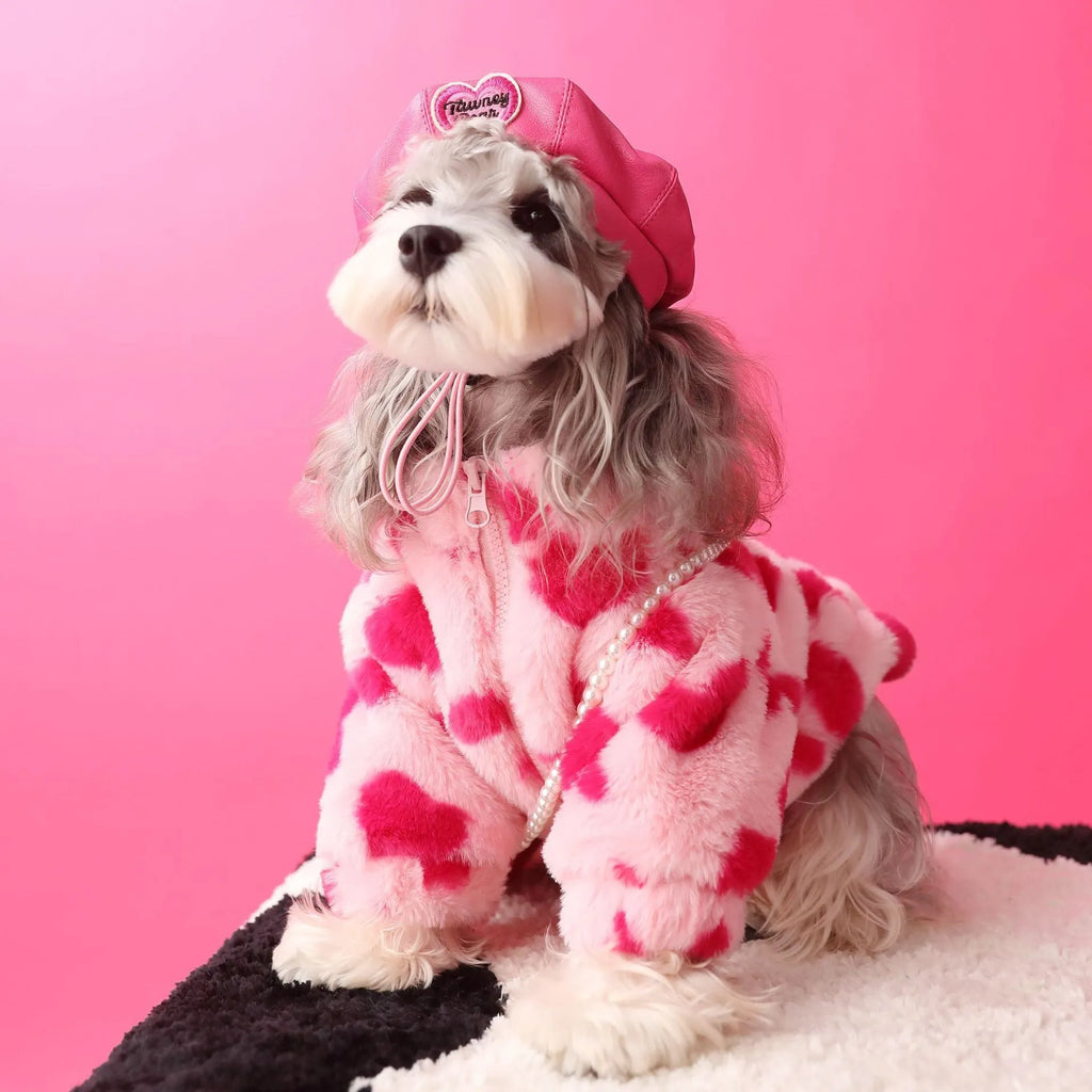 Plush polyester dog coat with backpack in red or coffee, sizes XS to XXL, general fit pet clothing