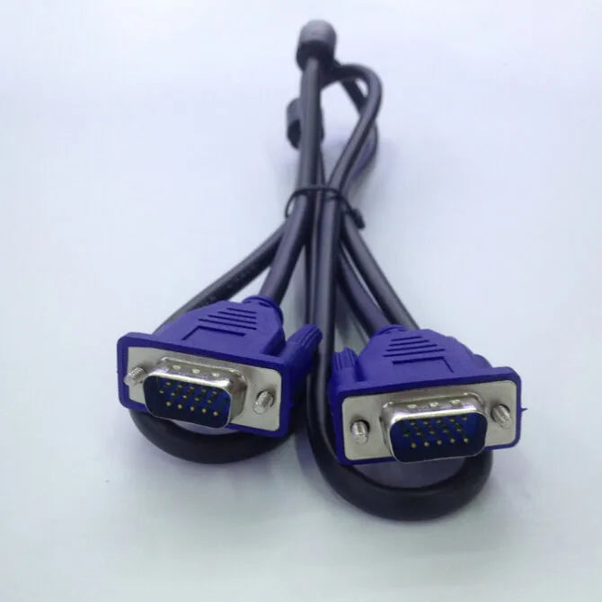 Black VGA cable with blue moulded head and nickel-plated terminals for computer to monitor connections