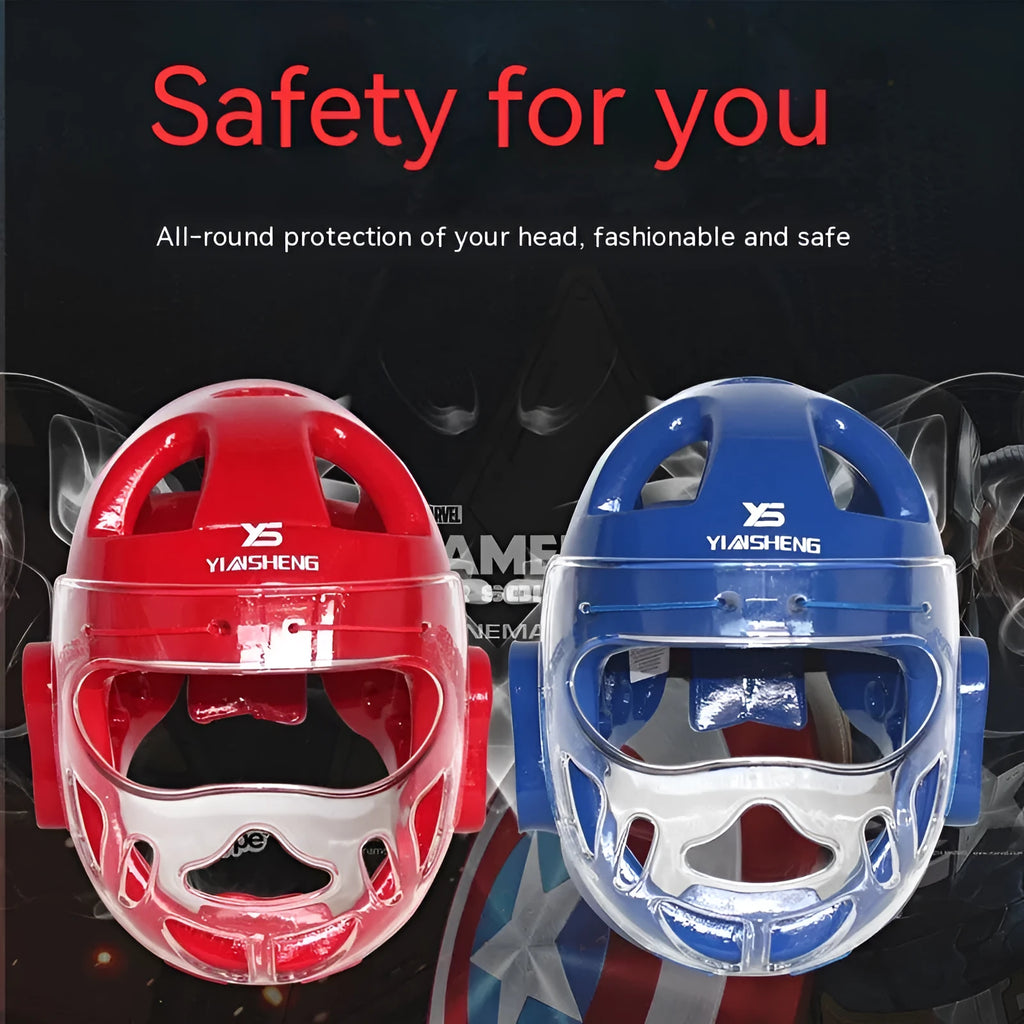 White, blue, and red karate helmet for boxing head protection, shown in S, M, L, XL sizes.