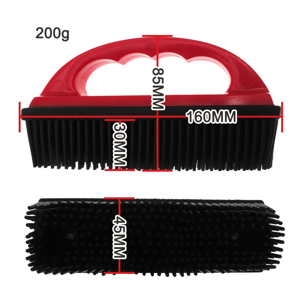 Red handheld pet hair removal brush for grooming and carpet cleaning