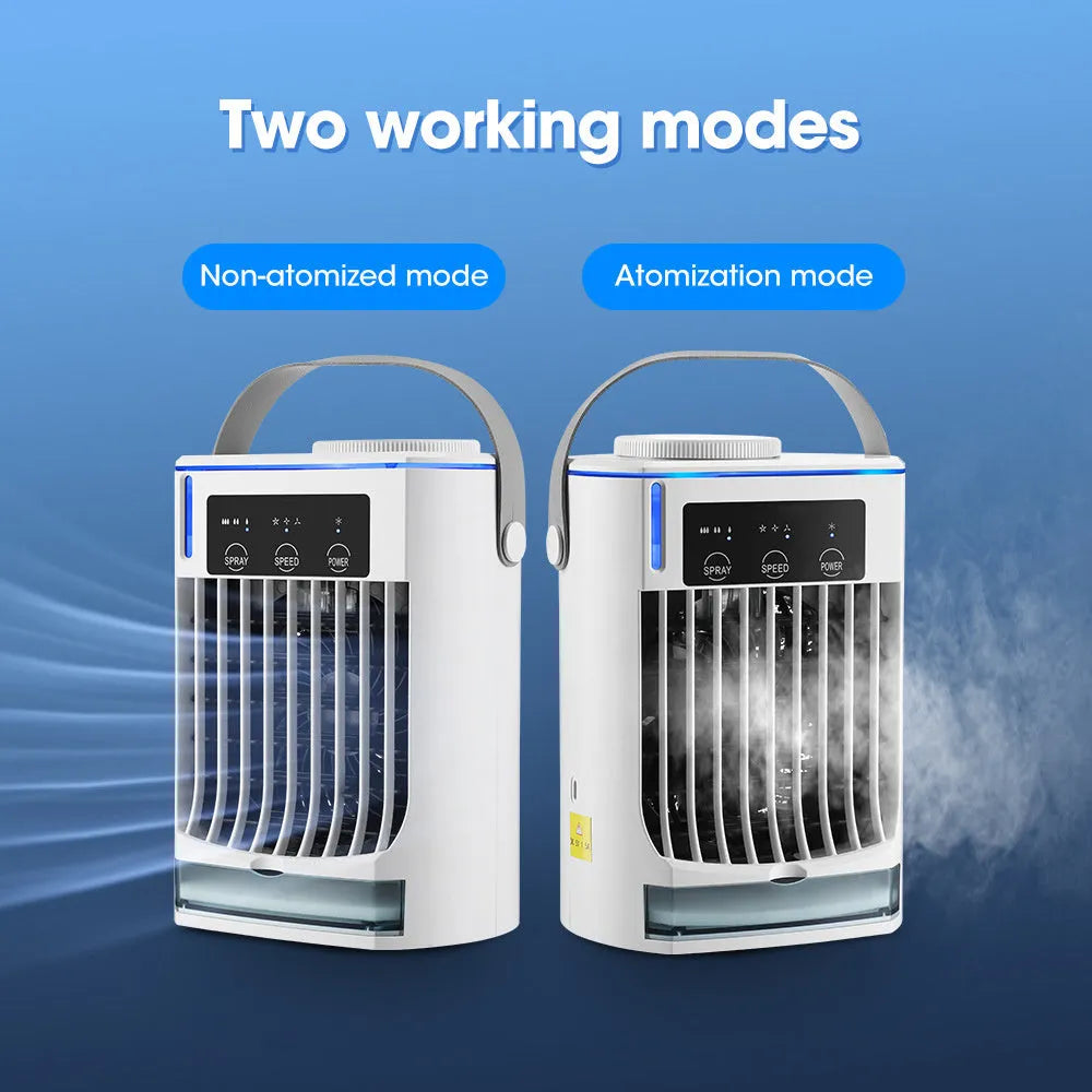 Mini USB air cooler with humidification spray fan on a desk with 3 speed modes and bladeless design