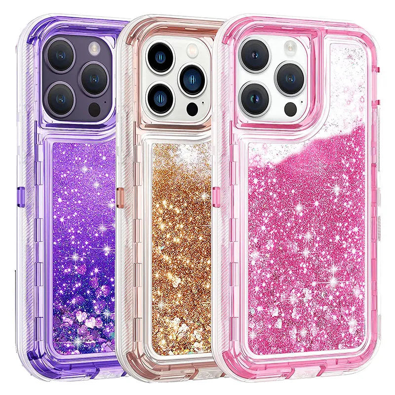 Liquid quicksand three-in-one phone case for iPhone 14 in pink with TPU PC airbag back cover