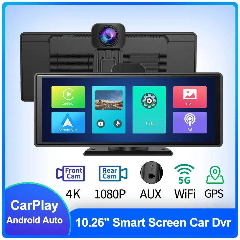 R33 12-inch touchscreen dual dash cam mounted on car windscreen showing front and rear camera split-screen view.