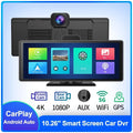 R33 12-inch touchscreen dual dash cam mounted on car windscreen showing front and rear camera split-screen view.