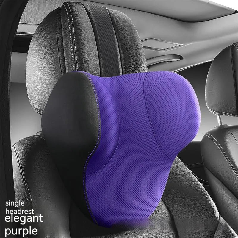 Black memory foam car headrest and lumbar support pillow set on a car seat