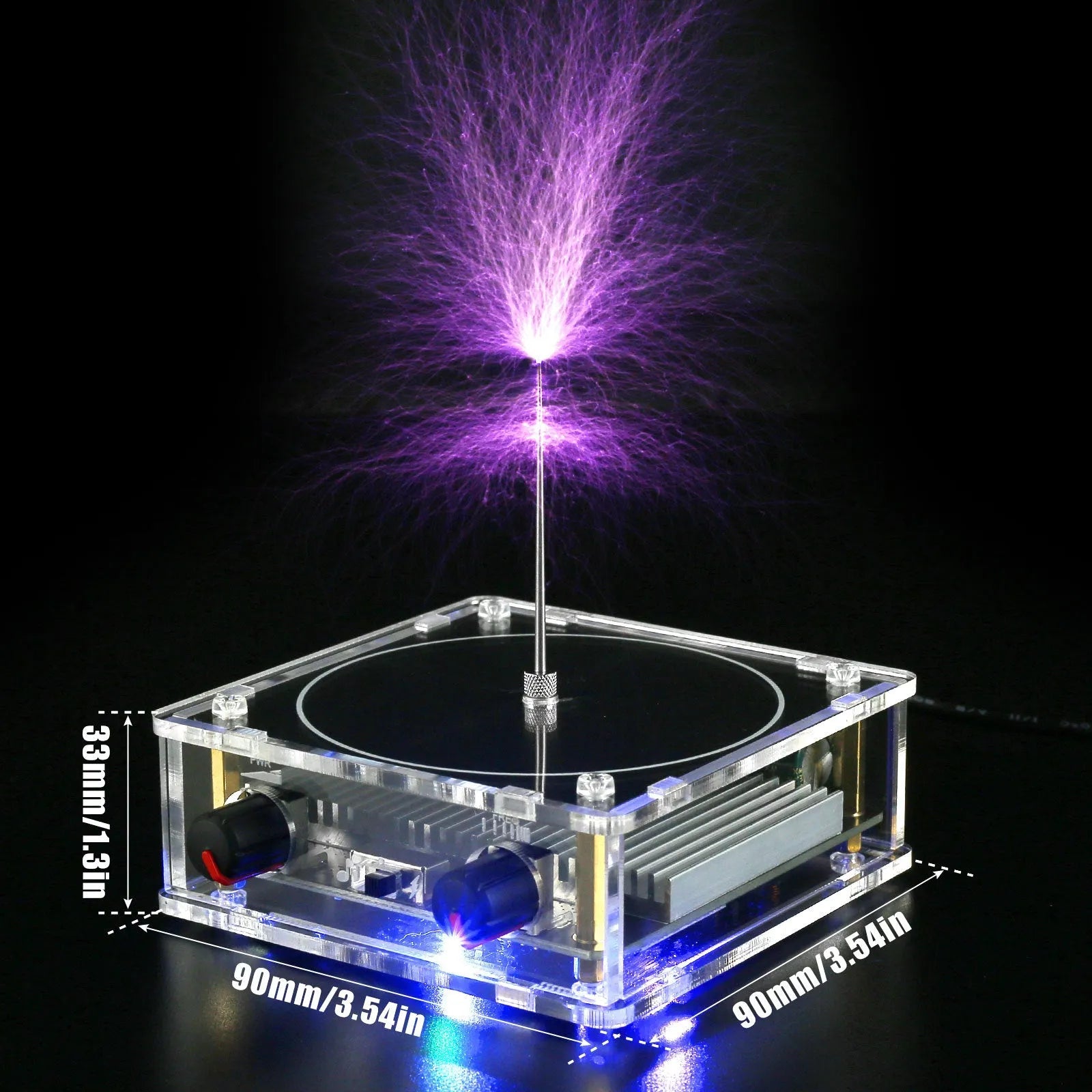 Music Tesla Coil with adjustable lightning arc, Bluetooth loudspeaker, and compact desktop design