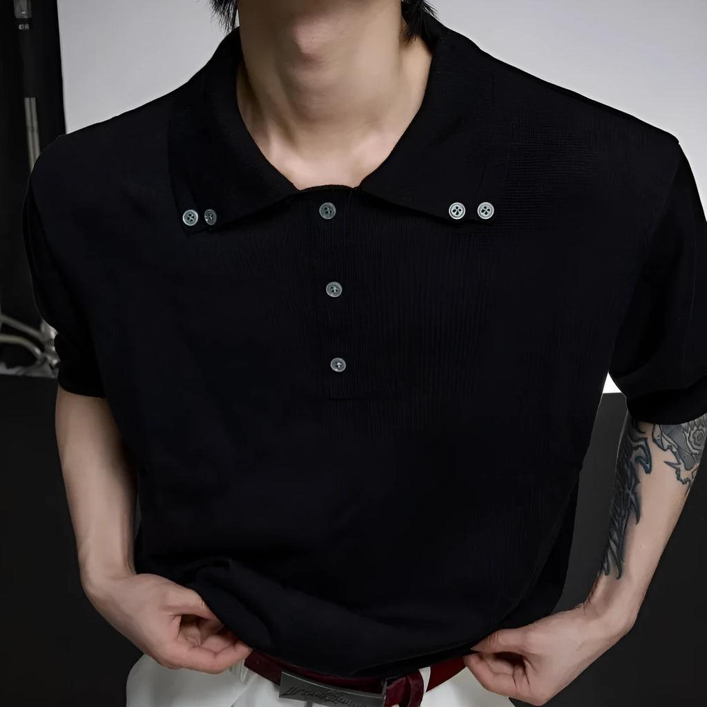 Men's black lapel collar short sleeve slim knit shirt on hanger