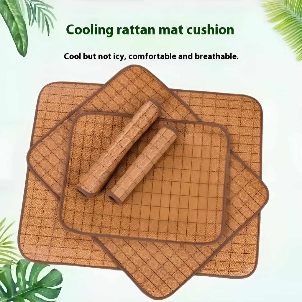 Brown woven rattan cooling mat for dogs on a floor, showing texture and size options.