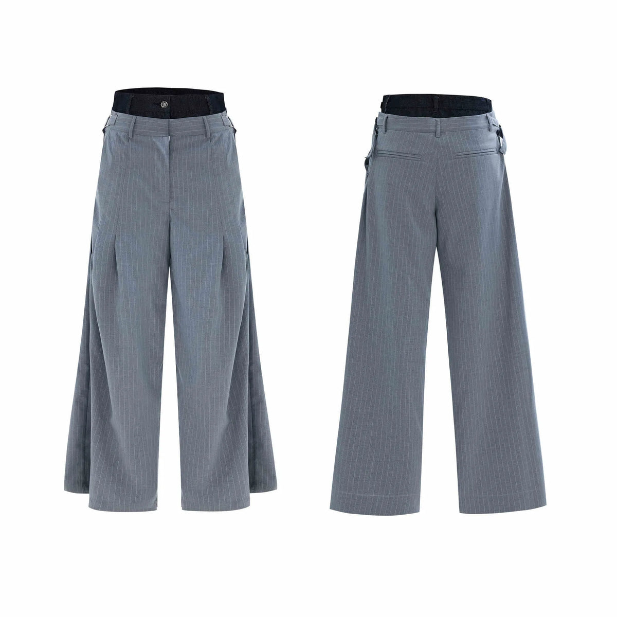 Double waist striped suit pants with raw denim stitching in grey, composite fabric, sizes S to XL