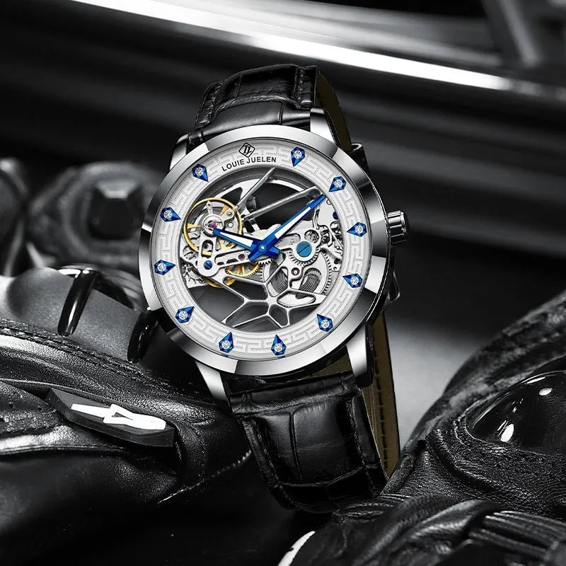 Men's silver case mechanical watch with white dial, blue luminous hands, black genuine leather strap, and waterproof design