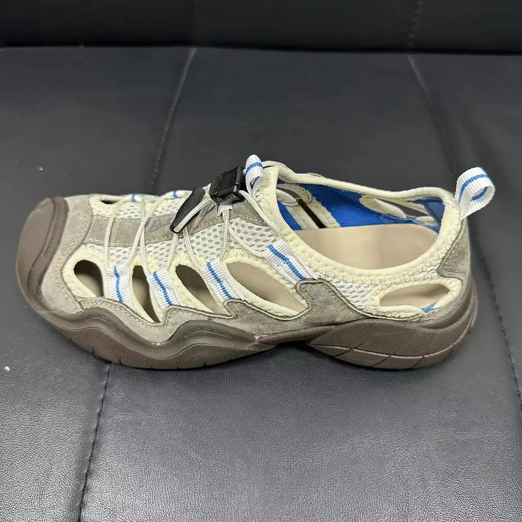 Women's Roman sandals in Quicksand Gray with pig suede leather upper, round toe, and ribbon stitching