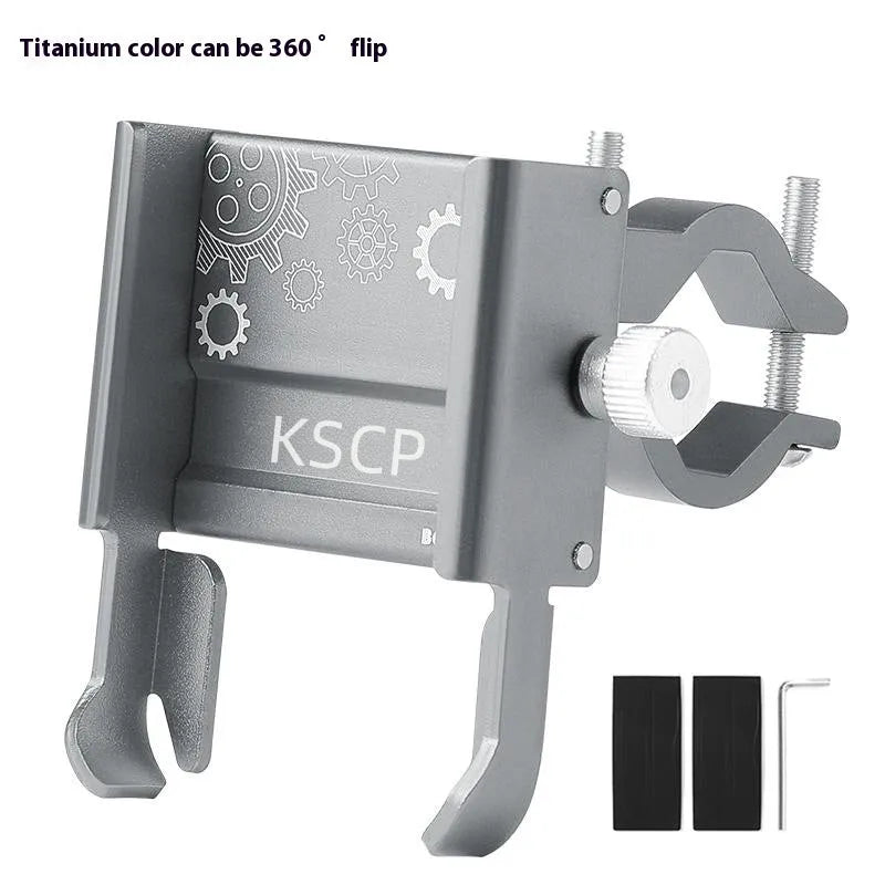Aluminium alloy mobile phone holder mounted on a bicycle handlebar in black colour.