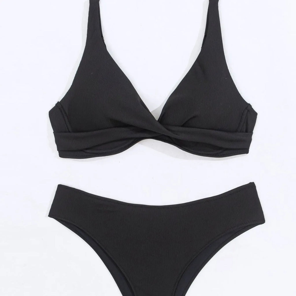 Women's solid colour rib fabric bikini set with briefs bottom in polyester