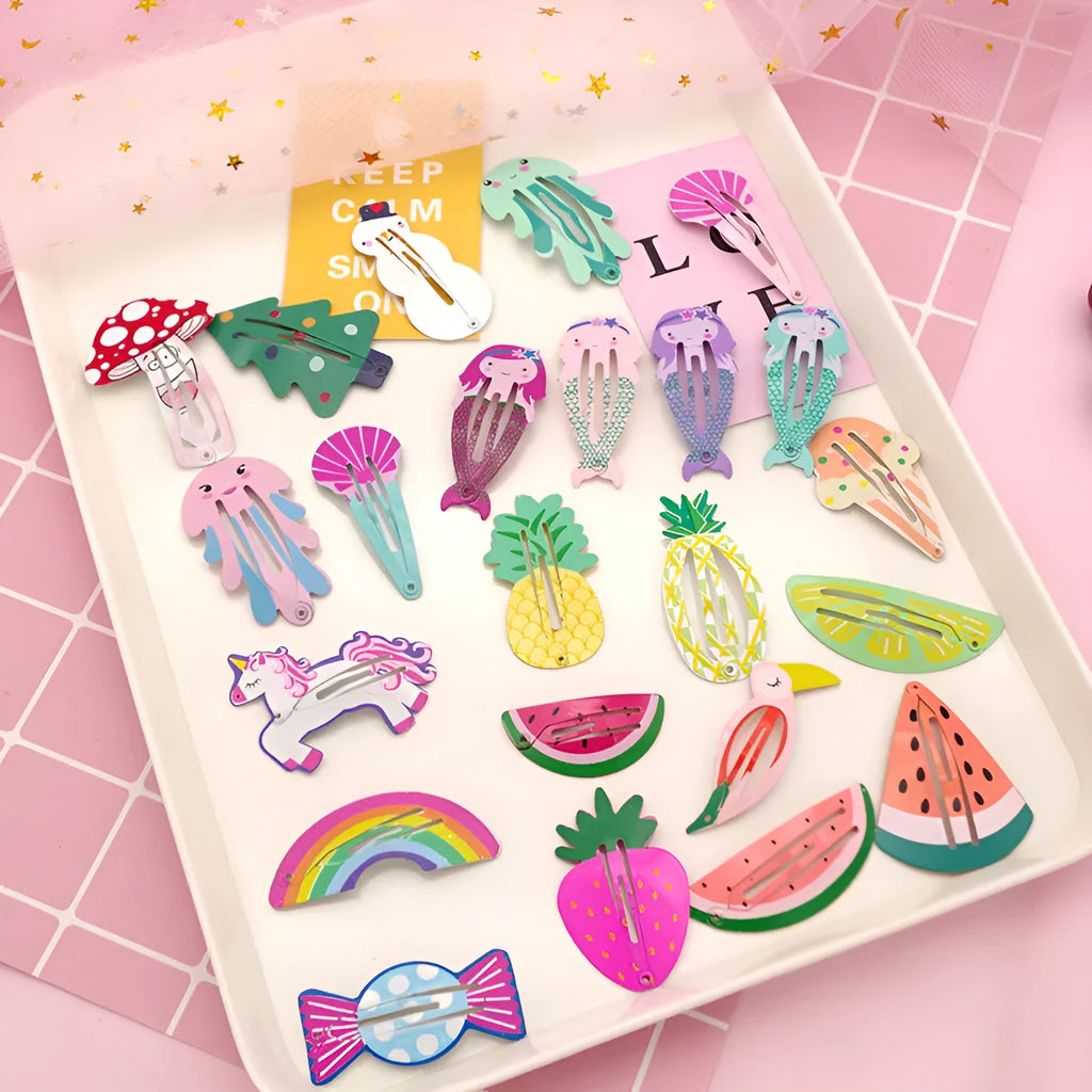 Children's metal hair barrette clip with colourful baked varnish strawberry print design.