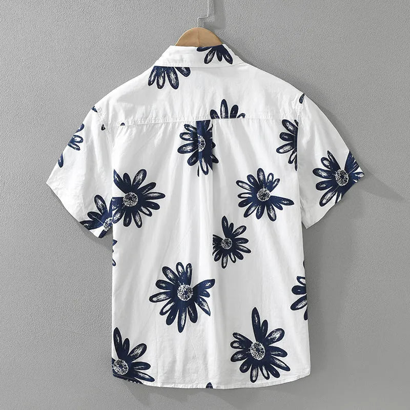 Apricot and white loose fit Japanese style short sleeve printed shirt on hanger