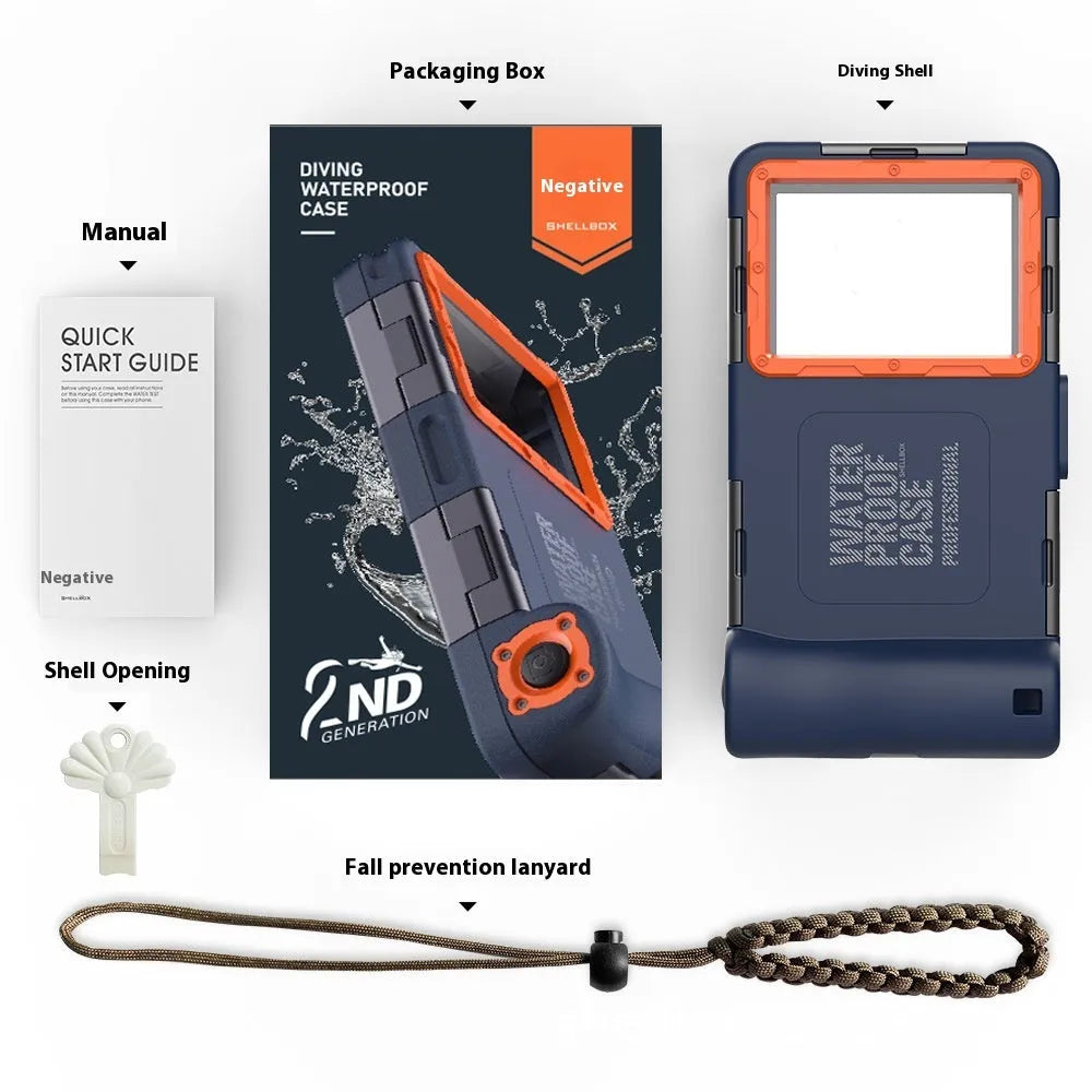 Waterproof diving case for Apple iPhone in blue orange, 195x106x44mm, with TPE PC glass zinc alloy construction.